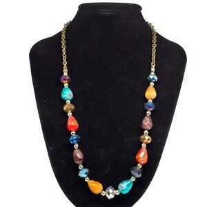 Multicolor Beaded Necklace 18” Gold Tone Chain Glass Acrylic Teardrop Boho State